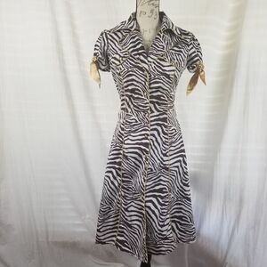 Snap Brown Zebra Print Cotton Button Front Dress‎